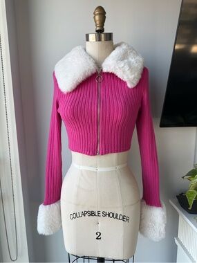 Dolls Kill Hot Pink Cropped Zip Sweater with White Faux Fur Collar & Cuffs
